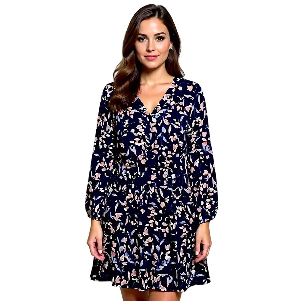 White House Black Market Navy Floral Long Sleeve V Neck Ruffle Hem Dress Size 6